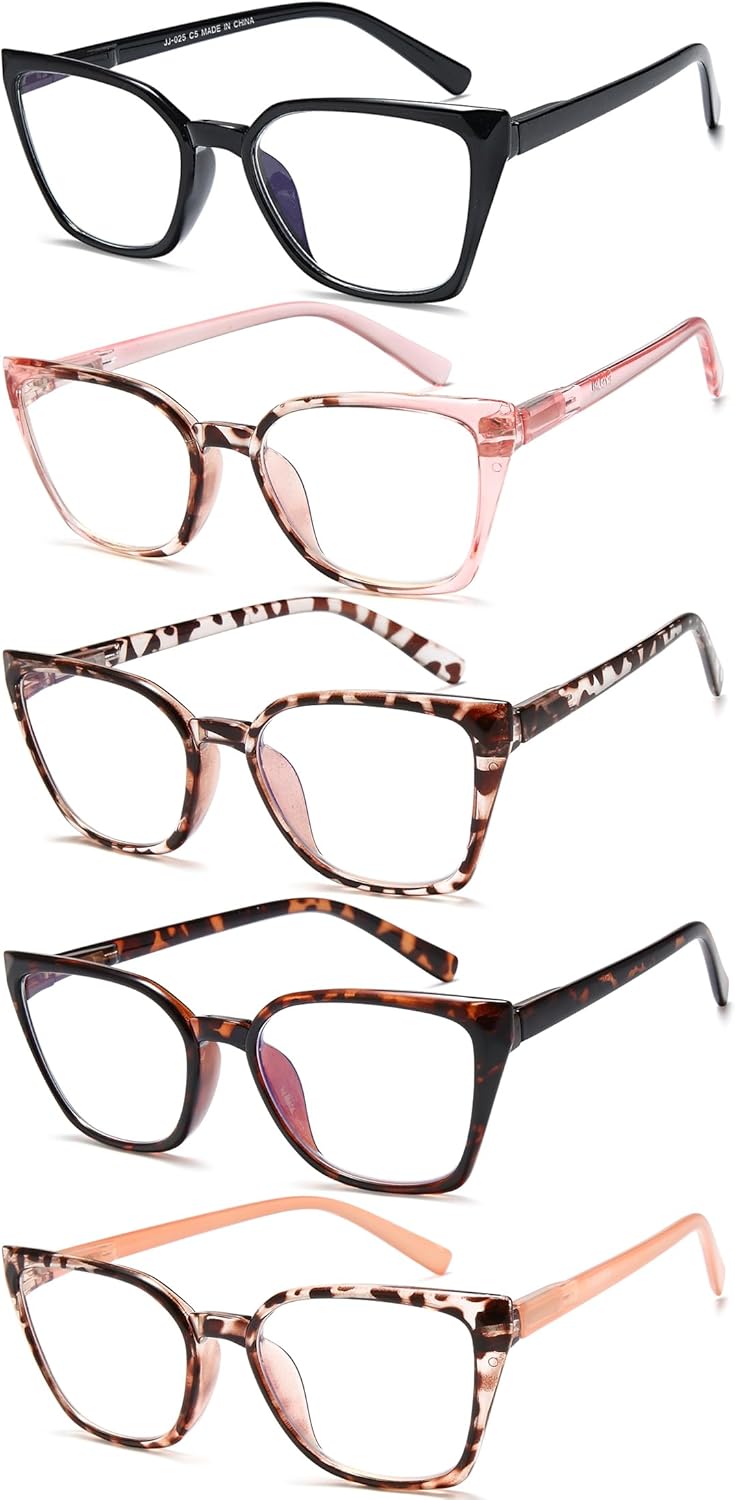 EYEURL 5-Pack Cat Eye Reading Glasses for Women – Fashionable Blue Light Blocking Reading Glasses with Square Frames, Spring Hinges & Magnification