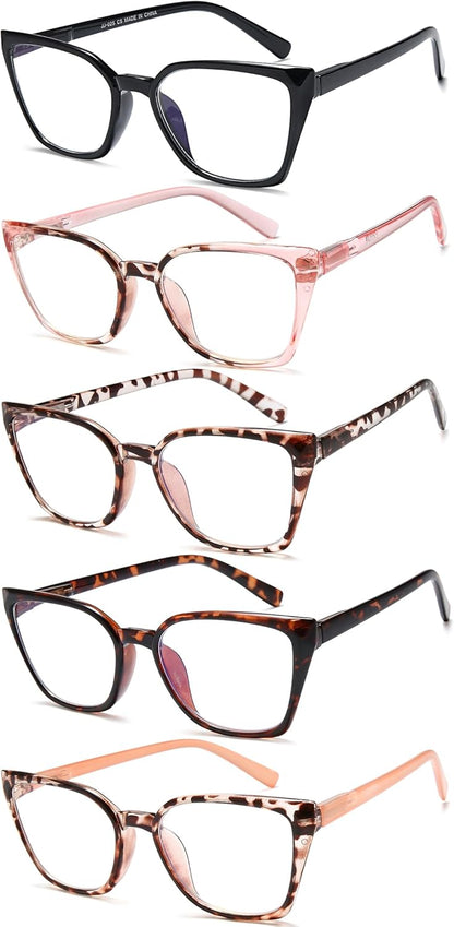 EYEURL 5-Pack Cat Eye Reading Glasses for Women – Fashionable Blue Light Blocking Reading Glasses with Square Frames, Spring Hinges & Magnification