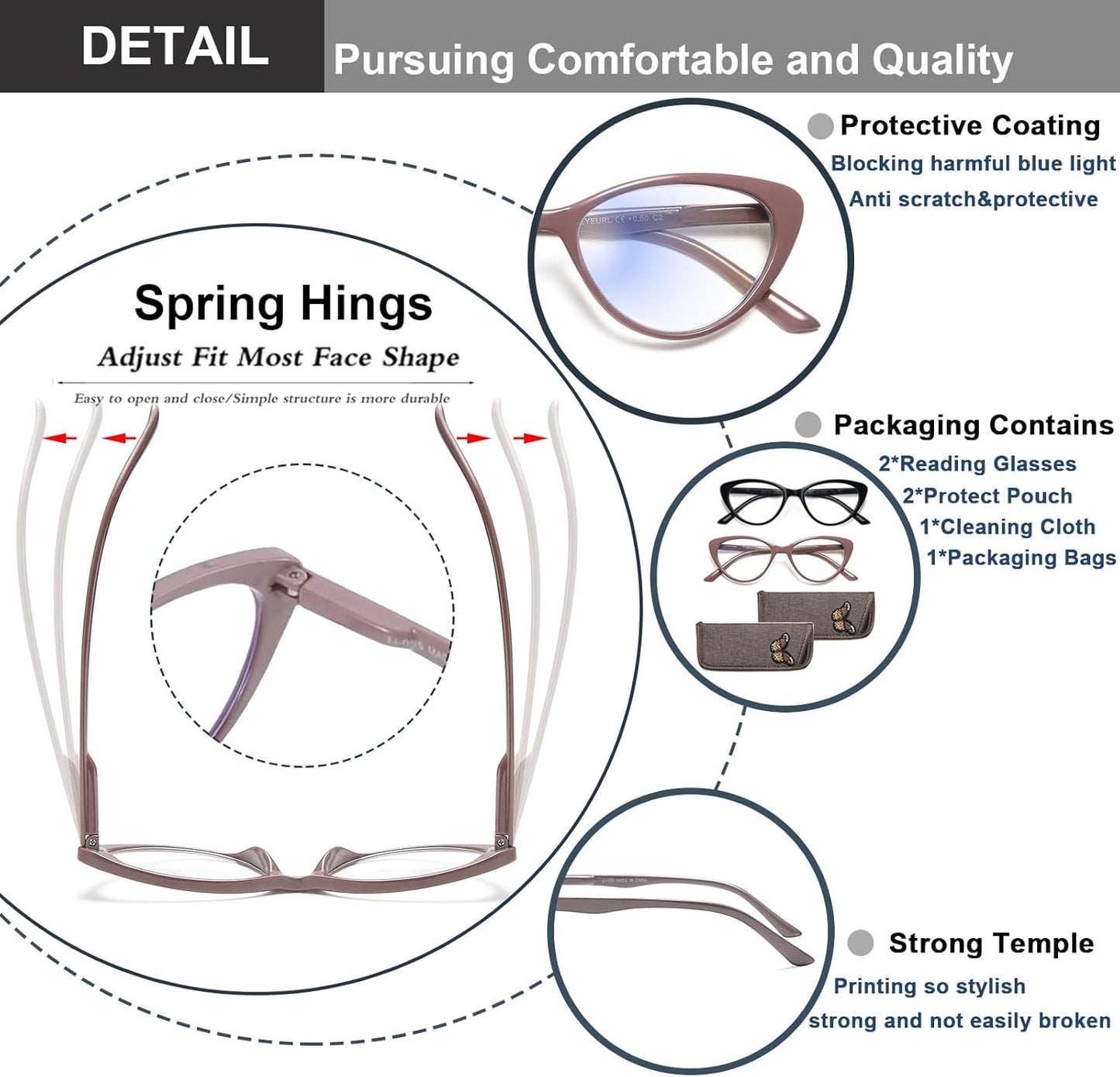EYEURL Cat Eye Reading Glasses for Women – 2 Pack Stylish Blue Light Blocking Readers with Spring Hinge, Anti Glare & UV Protection