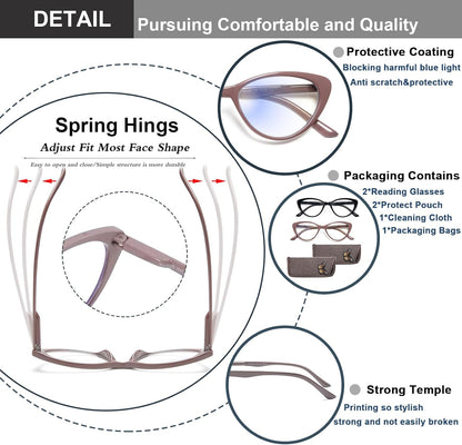 EYEURL Cat Eye Reading Glasses for Women – 2 Pack Stylish Blue Light Blocking Readers with Spring Hinge, Anti Glare & UV Protection