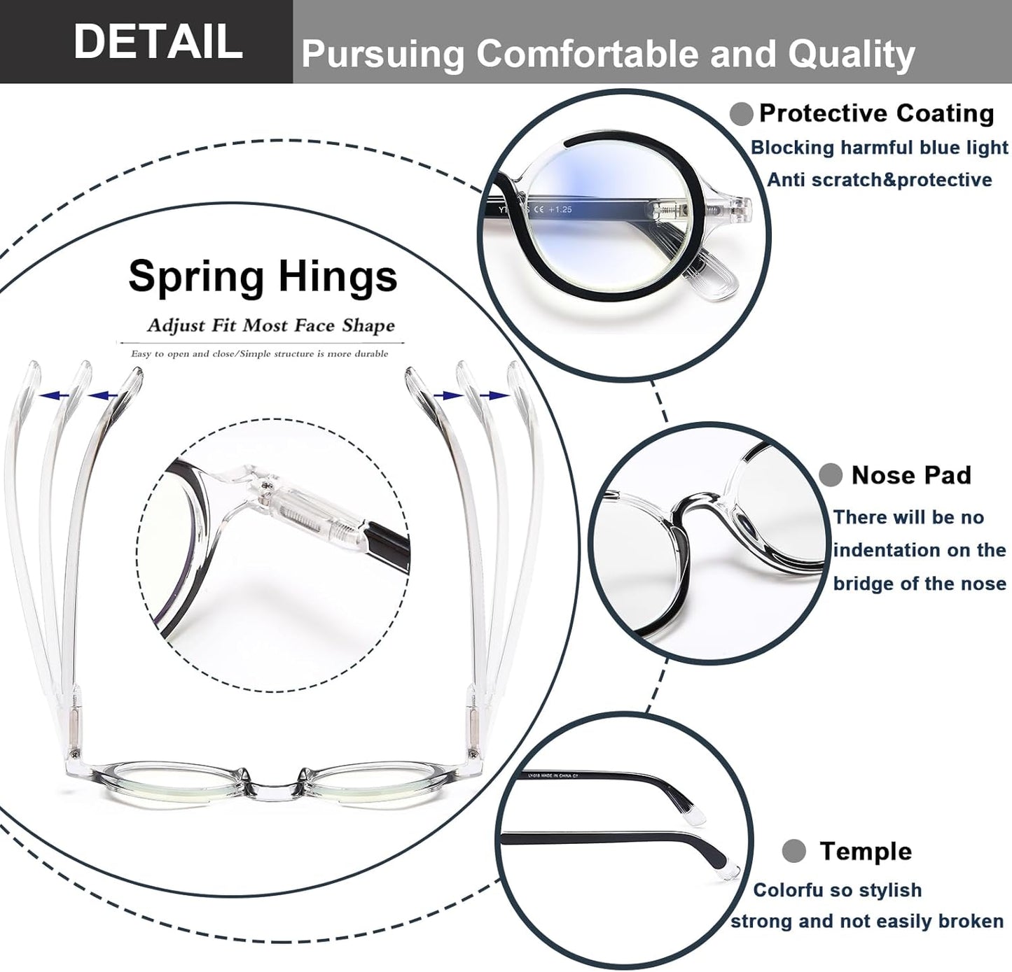 Blue Light Blocking Retro Round Readers for Men & Women – Anti Eye Strain Computer Glasses with Durable Spring Hinges and Trendy Color Frames