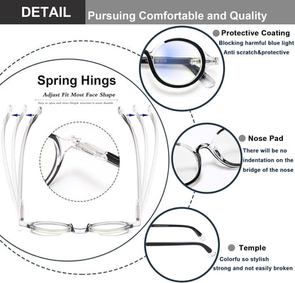 Blue Light Blocking Retro Round Readers for Men & Women – Anti Eye Strain Computer Glasses with Durable Spring Hinges and Trendy Color Frames