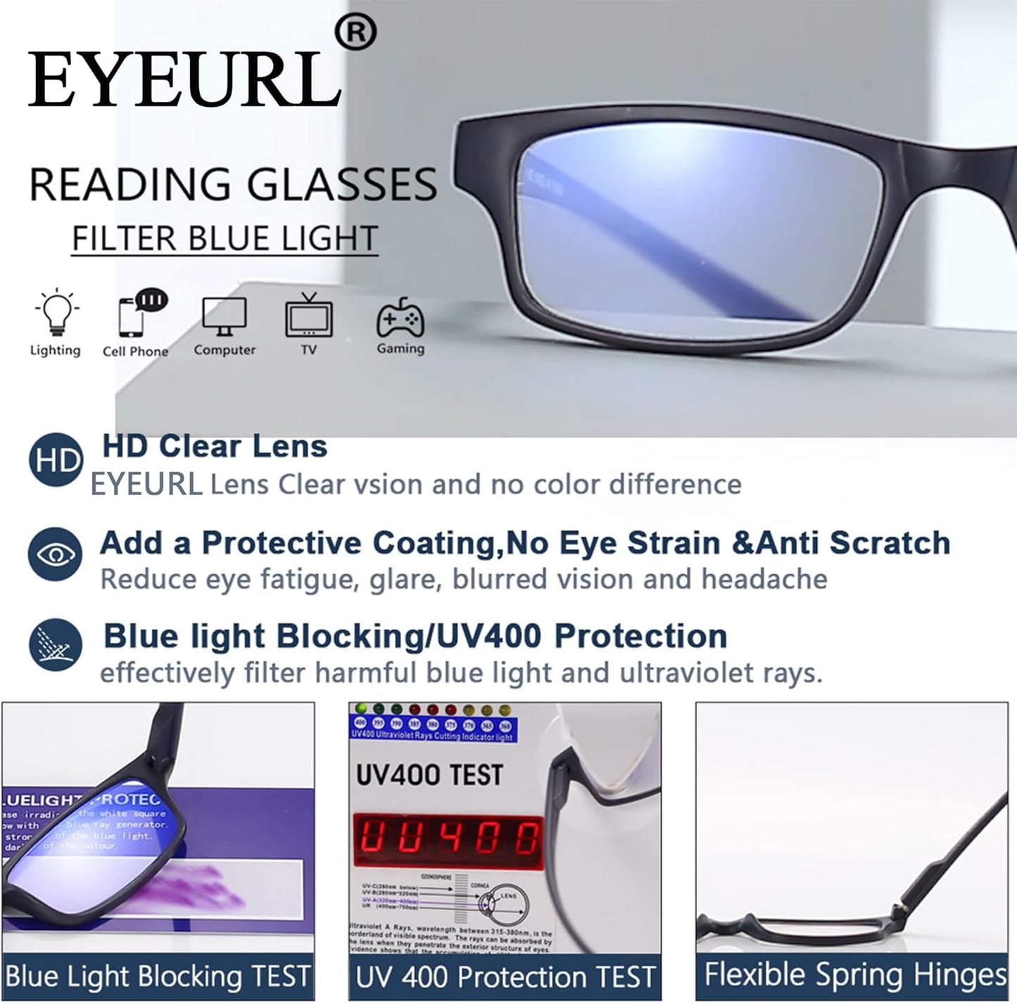 EYEURL Blue Light Blocking Neck Hanging Reading Glasses – 2 Pack Computer Readers for Women and Men with Spring Hinges, Practical Anti-Glare Eyewear