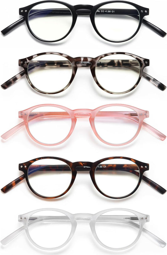 EYEURL 4-Pack Small Round Reading Glasses for Women Men Neck Hanging Blue Light Blocking Eyeglasses TR90 Readers for Women