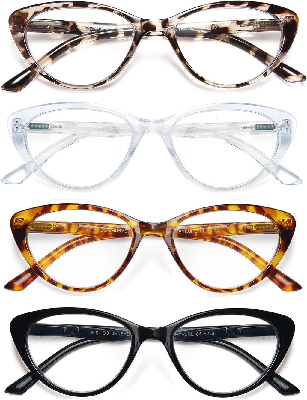 EYEURL 4-Pack Cat Eye Reading Glasses for Women - Blue Light Blocking, Anti-Glare, Fashionable Computer Readers, 2.5 Magnification