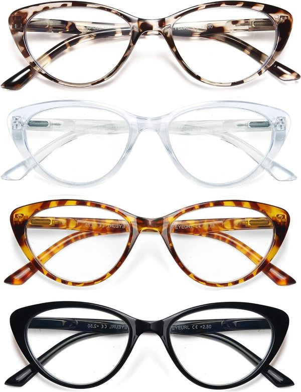 EYEURL 4-Pack Cat Eye Reading Glasses for Women - Blue Light Blocking, Anti-Glare, Fashionable Computer Readers, 2.5 Magnification