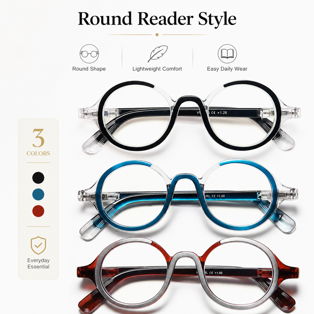 Unisex Retro Round Reading Glasses – Fashion Color Frame Blue Light Blocking Readers, Spring Hinges for Comfort and Eye Protection