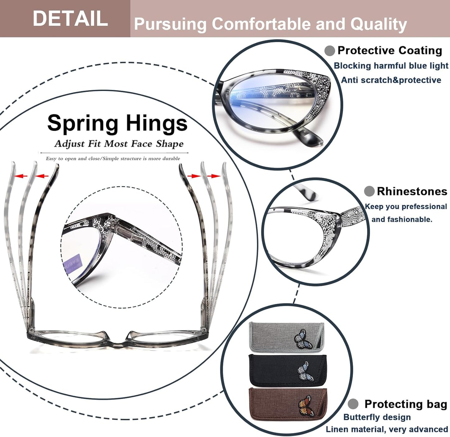 EYEURL 3-Pack Cat Eye Reading Glasses for Women – Blue Light Blocking Computer Readers with Rhinestones, Spring Hinges & UV Protection