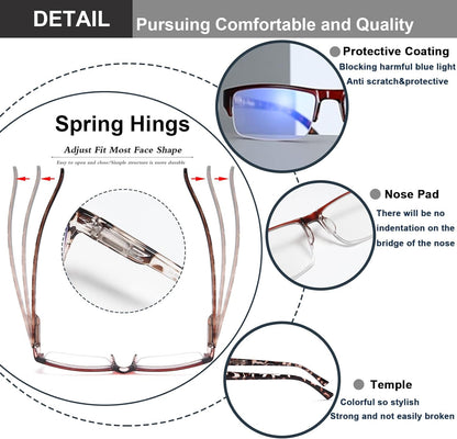 EYEURL 4-Pack Half Frame Reading Glasses for Women Blue Light Blocking Computer Readers for Men Lightweight Rectangle Semi Rimless Computer Glare/UV Half Frame Spring Hinge Eyeglasses,1.5