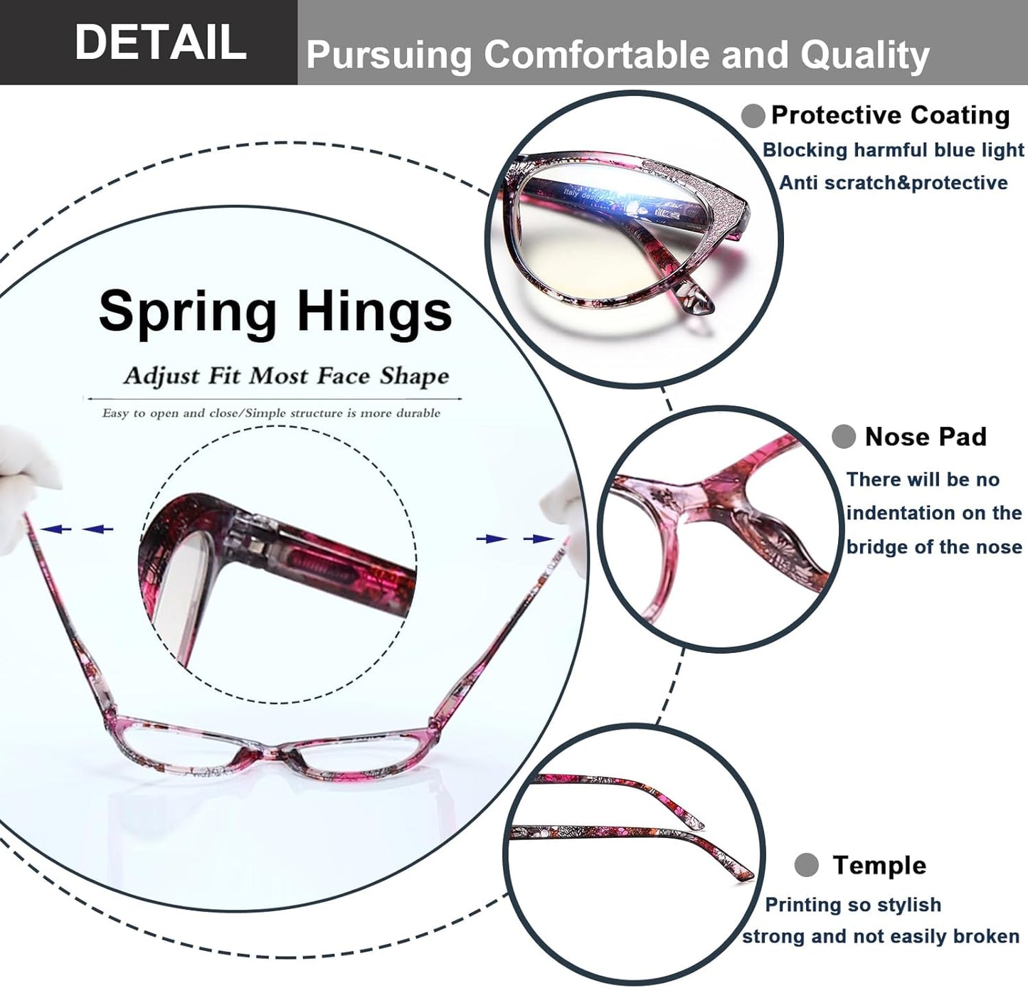 Cat Eye Reading Glasses for Women, Eyeglasses, Blue Light Readers for Women, Computer Eye Glasses, Cheaters, Stylish Glitter Frame for All Face Shapes
