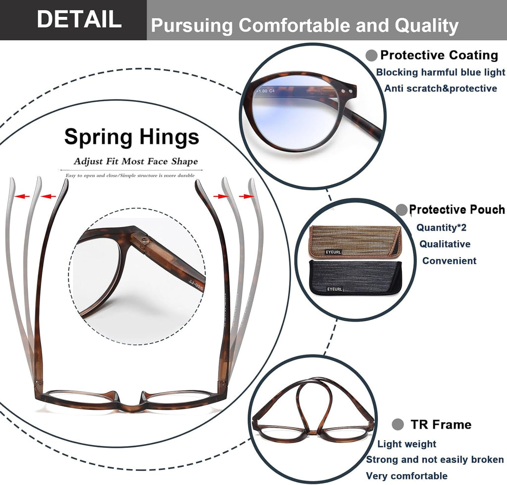EYEURL 4-Pack Small Round Reading Glasses for Women Men Neck Hanging Blue Light Blocking Eyeglasses TR90 Readers for Women