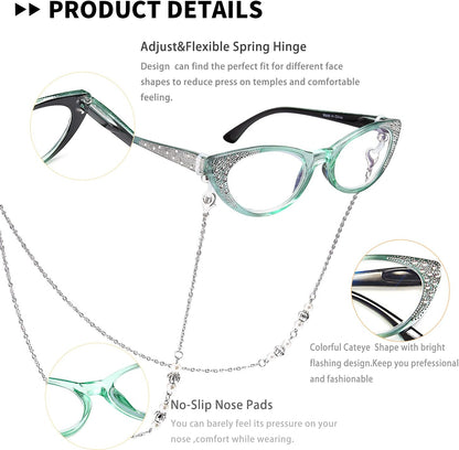 EYEURL Cat Eye Reading Glasses for Women - Blue Light Blocking 3 Pack Ladies Fashion Readers with Flexible Spring Hinges, Anti-Glare&UV Rays +1.50 Eyeglasses, Brown/Green/Purple