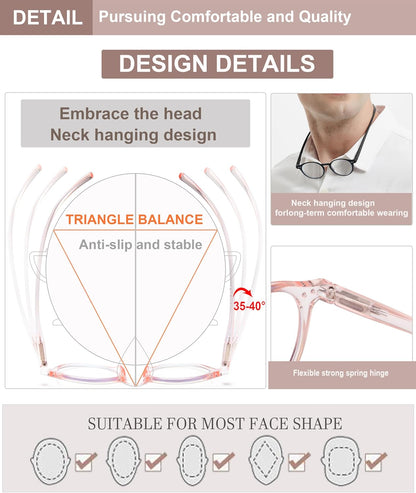EYEURL 4-Pack Round Reading Glasses for Women Men Neck Hanging Small Blue Light Glasses Retro Round Computer Glasses With Spring Hinges TR90 Lightweight Readers for Women 3.0