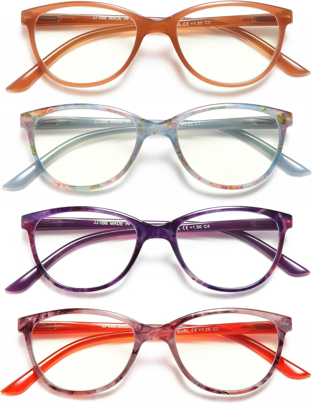 EYEURL 4-Pack Reading Glasses for Women, Fashion Cat Eye Blue Light Blocking Readers with Spring Hinges,1.50 Anti-Glare/UV Rays