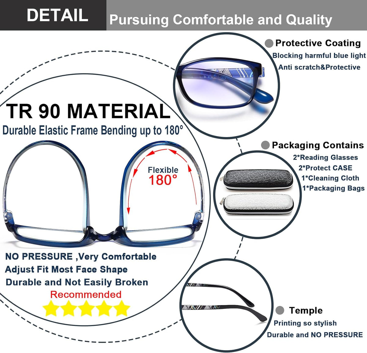2-Pack Rectangle Readers for Men & Women – Black, Blue & White - product photo 4