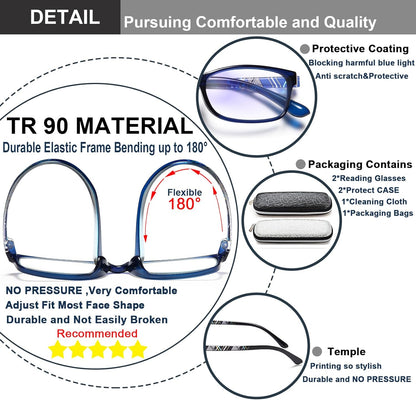 EYEURL Blue Light Blocking Readers for men Women - 2 Pair Ladies Computer Reading Glasses Blue Screen TR90 Rectangular Frames Nerd Eyeglasses