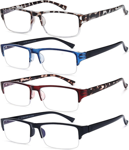 EYEURL 4-Pack Half Frame Reading Glasses for Women Blue Light Blocking Computer Readers for Men Lightweight Rectangle Semi Rimless Computer Glare/UV Half Frame Spring Hinge Eyeglasses,1.5