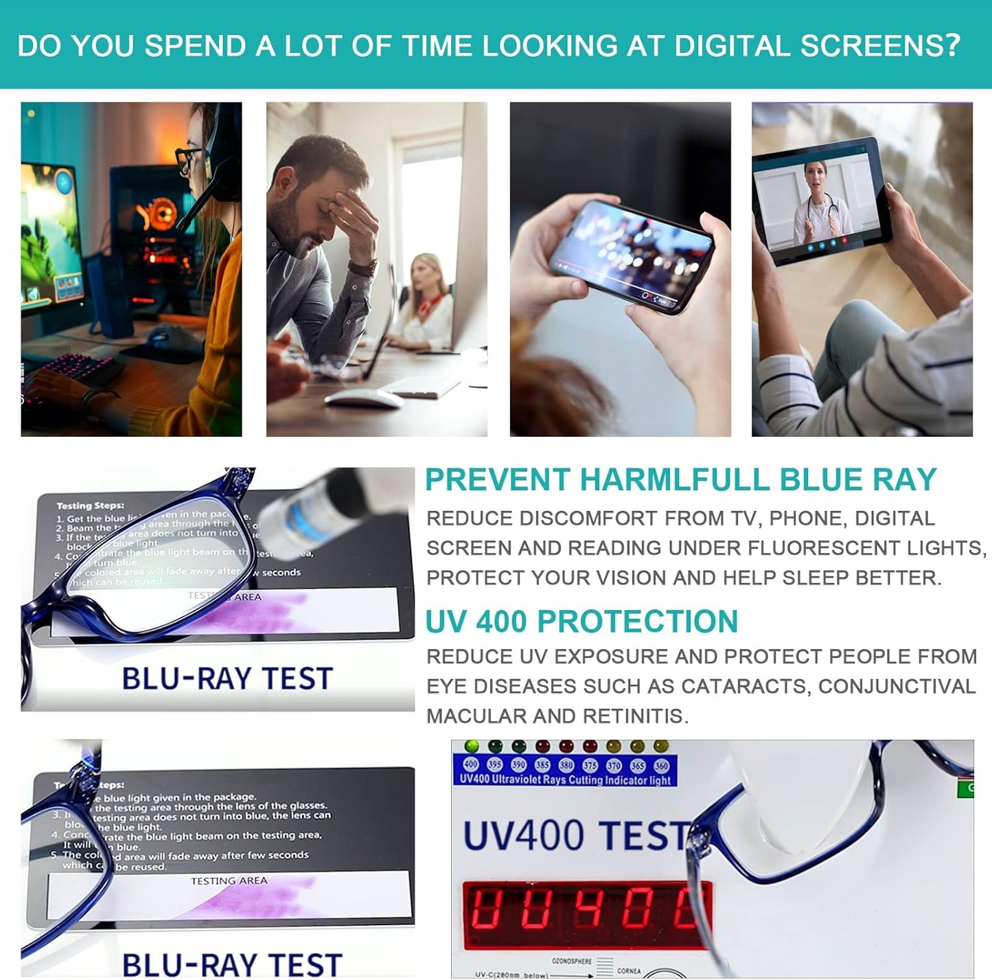EYEURL Blue Light Blocking Readers for men Women - 2 Pair Ladies Computer Reading Glasses Blue Screen TR90 Rectangular Frames Nerd Eyeglasses