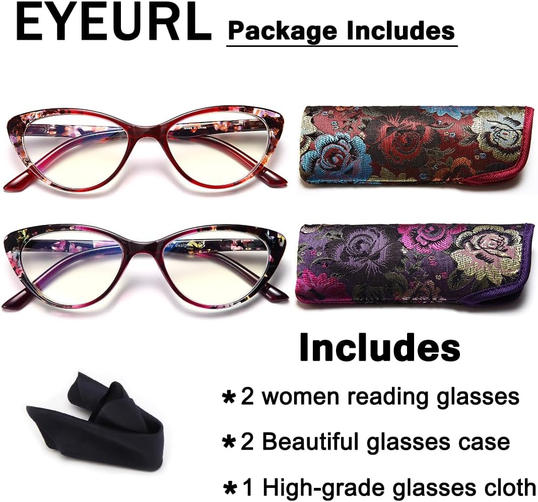 EYEURL Cat Eye Reading Glasses for Women, 2 Pack Blue Light Blocking Readers with Spring Hinge – Anti Glare UV Protection Computer Eyeglasses