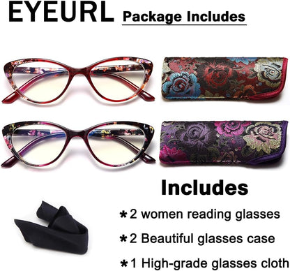 EYEURL Cat Eye Reading Glasses for Women, 2 Pack Blue Light Blocking Readers with Spring Hinge – Anti Glare UV Protection Computer Eyeglasses