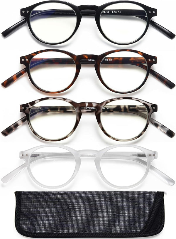 EYEURL 4-Pack Small Round Reading Glasses for Women Men Neck Hanging Blue Light Blocking Eyeglasses TR90 Readers for Women