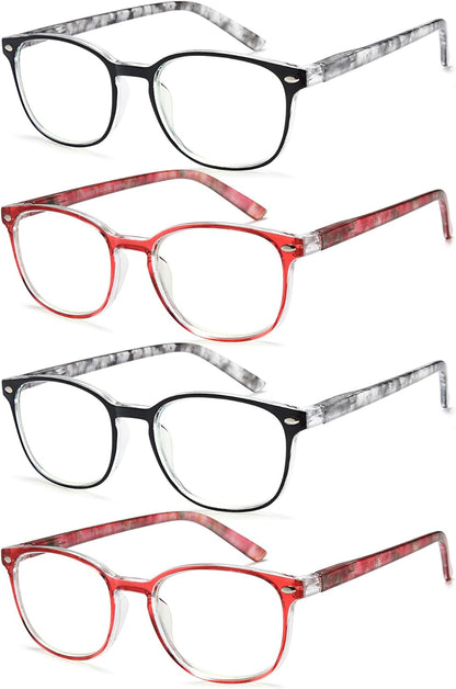 EYEURL Blue Light Blocking Reading Glasses Women, 4-Pack Spring Hinge Computer Readers,Anti UV Ray Square Nerd Eyeglasses +3.00