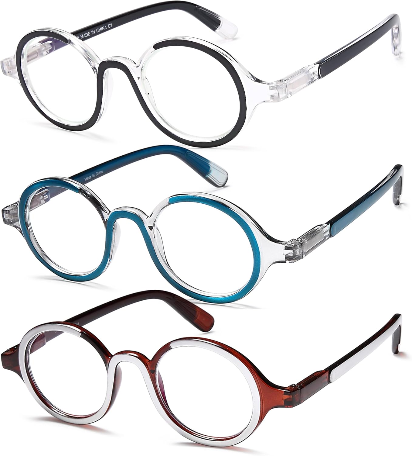 Unisex Retro Round Reading Glasses – Fashion Color Frame Blue Light Blocking Readers, Spring Hinges for Comfort and Eye Protection