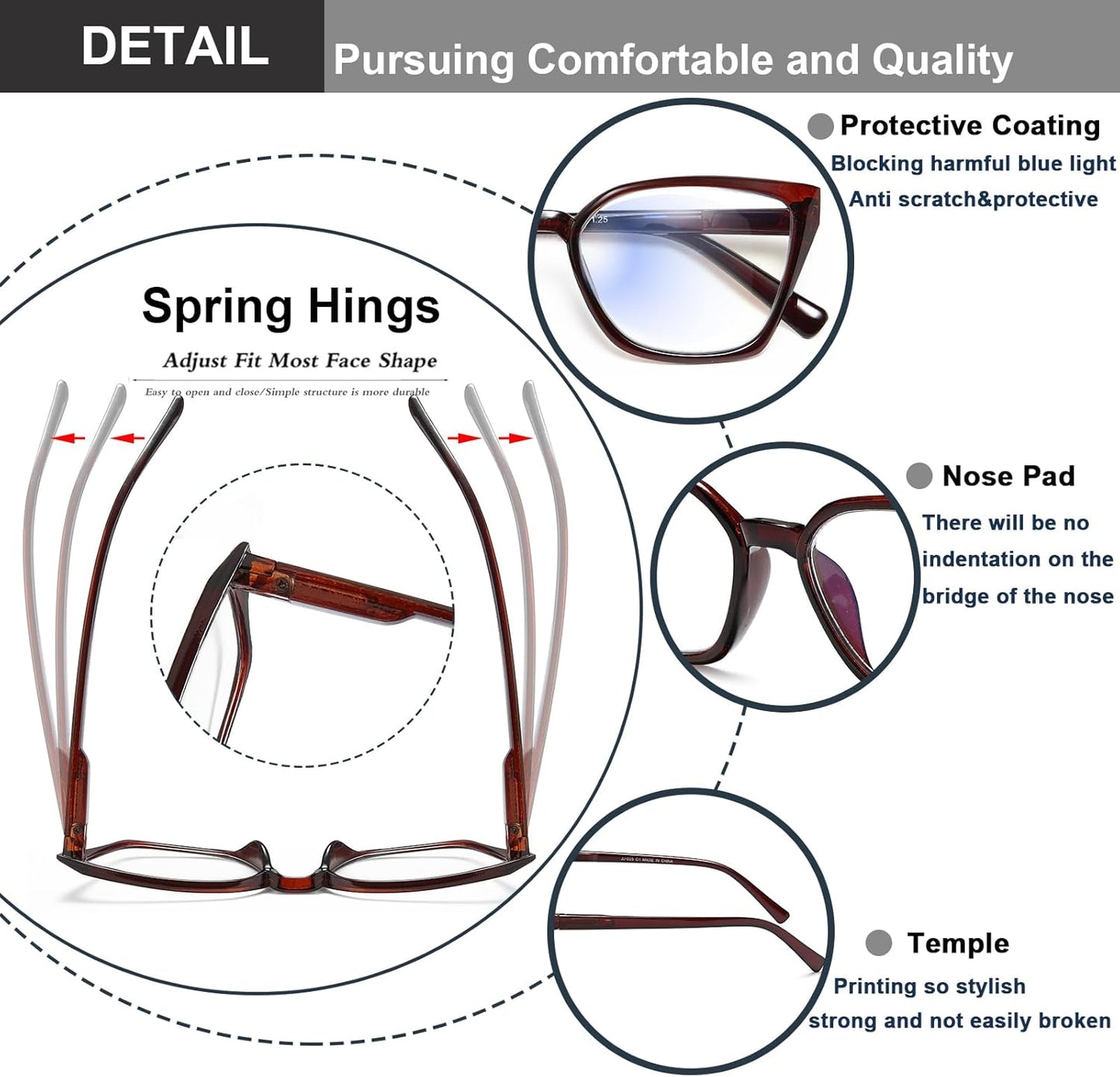EYEURL 5-Pack Cat Eye Reading Glasses for Women – Blue Light Blocking Readers with Fashion Square Frames and Spring Hinges
