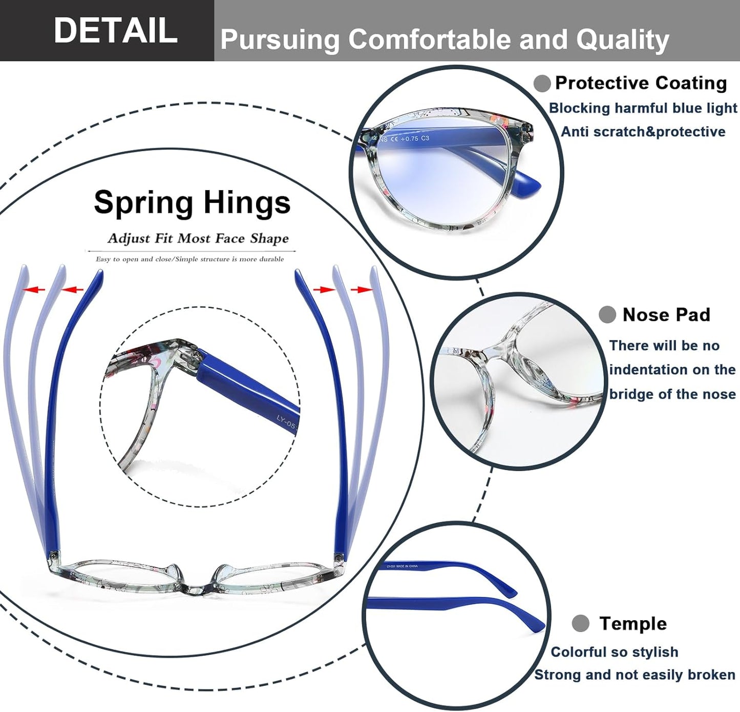 Fashion Cat Eye Reading Glasses for Women, 4-Pack Floral Pattern Readers with Spring Hinges, Lightweight Comfortable Frame, Anti Eyestrain Cheaters