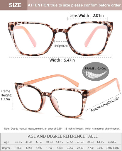 EYEURL 5-Pack Cat Eye Reading Glasses for Women – Fashionable Blue Light Blocking Reading Glasses with Square Frames, Spring Hinges & Magnification