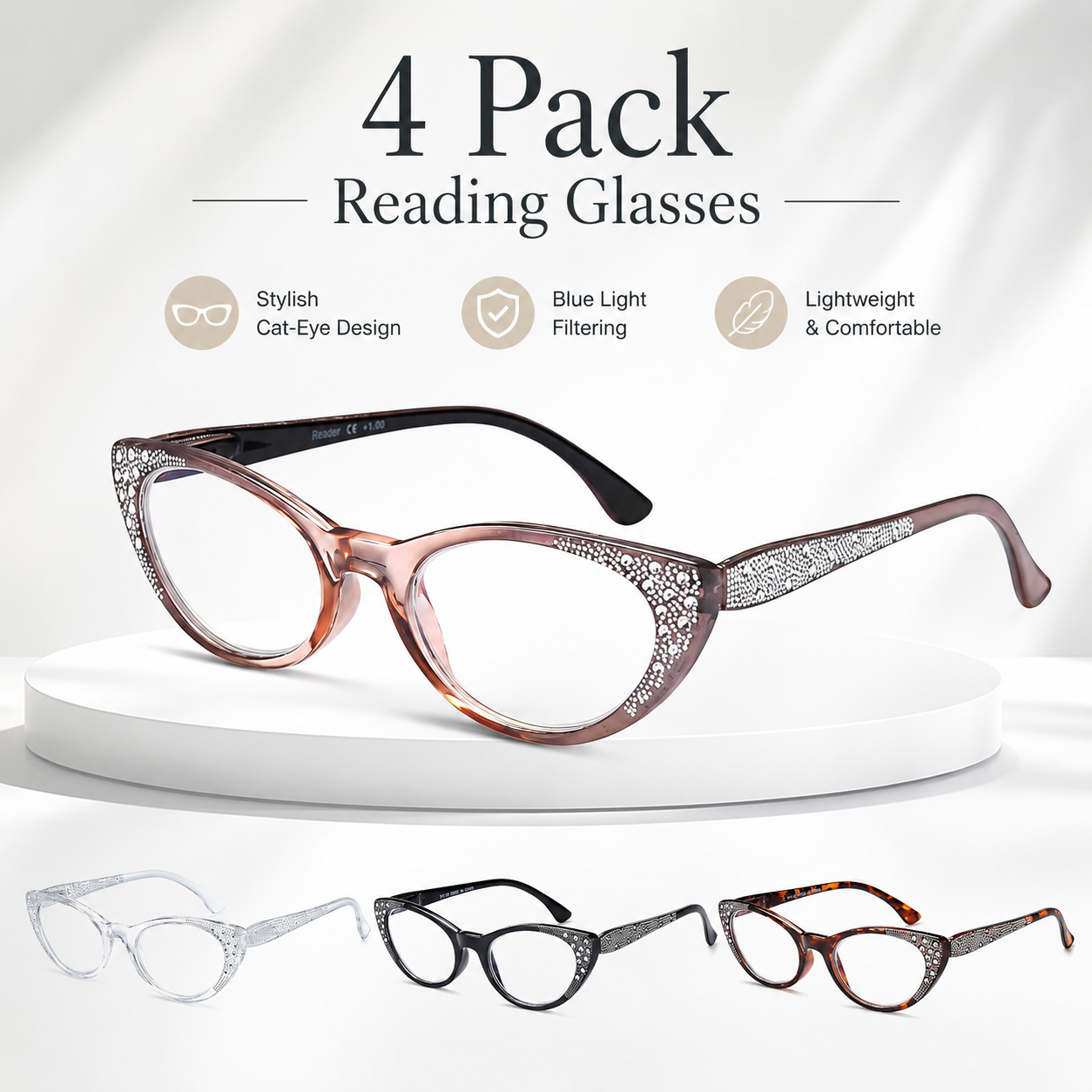 EYEURL Cat Eye Reading Glasses for Women – 4 Pack Blue Light Blocking Fashion Computer Readers with Spring Hinges, Anti-Glare Stylish Eyewear for Office and Daily Use