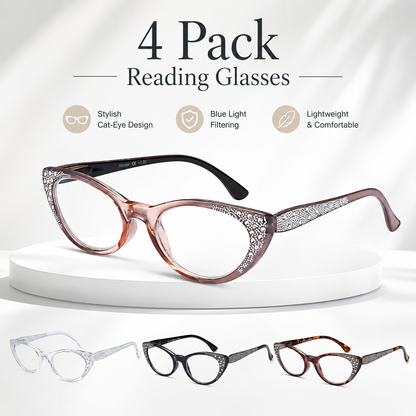 EYEURL Cat Eye Reading Glasses for Women – 4 Pack Blue Light Blocking Fashion Computer Readers with Spring Hinges, Anti-Glare Stylish Eyewear for Office and Daily Use