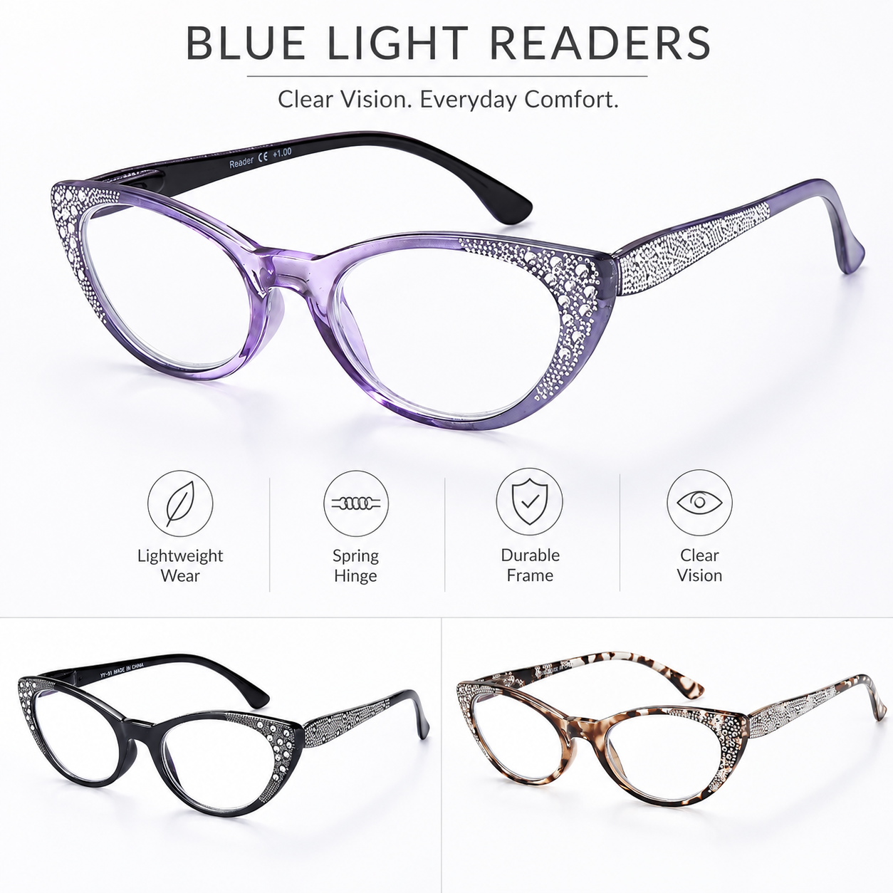 EYEURL Cat Eye Reading Glasses for Women – 3 Pack Blue Light Blocking Fashion Computer Readers with Spring Hinges, Anti-Glare Stylish Eyewear for Work and Daily Use