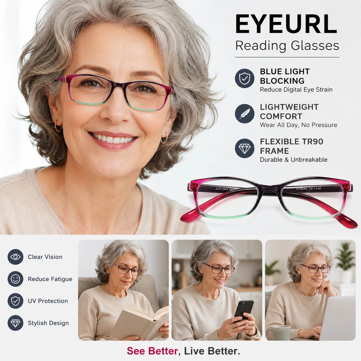 EYEURL Blue Light Blocking Reading Glasses for Women – 2 Pack Lightweight TR90 Frame Readers, Reduce Eyestrain and Improve Comfort