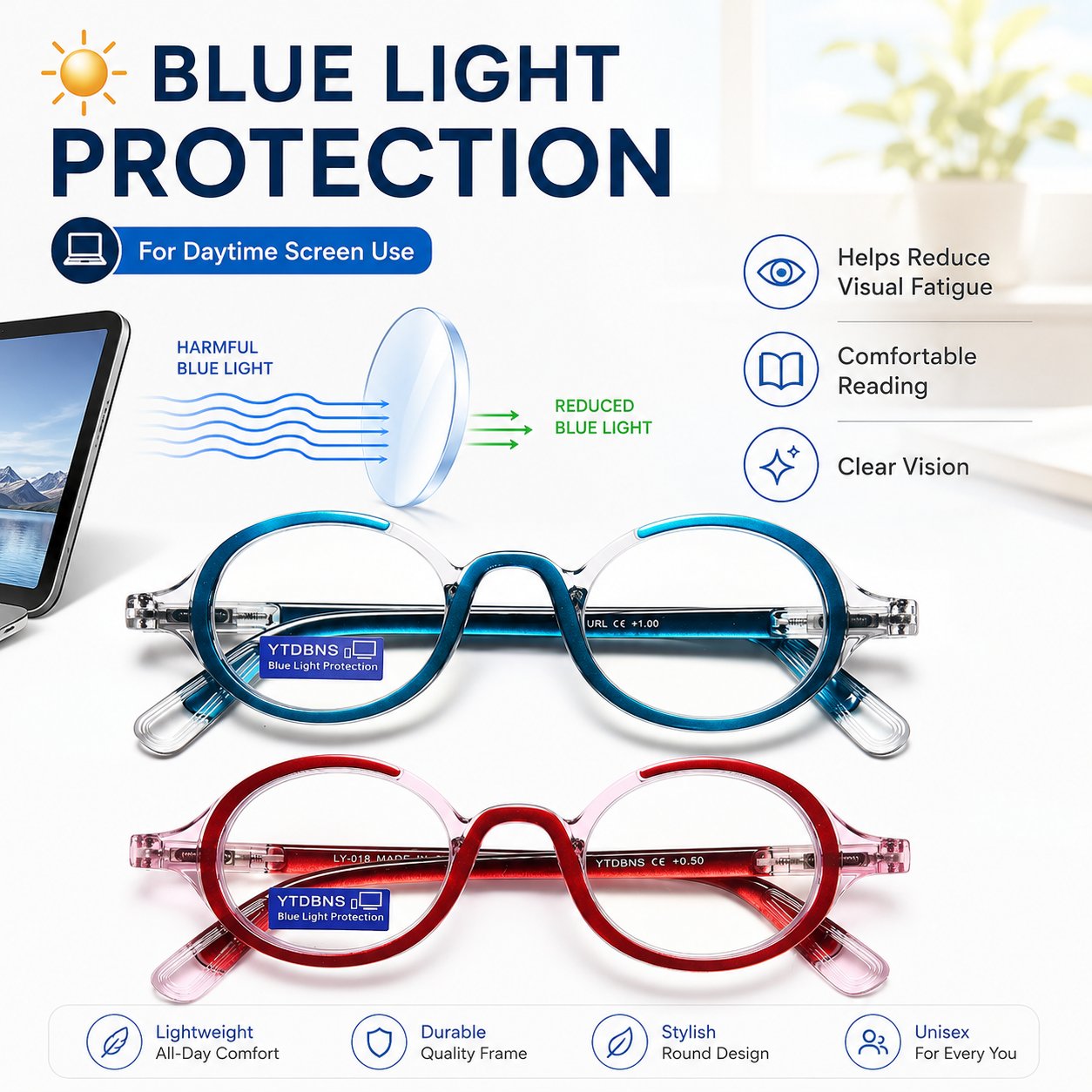 Retro Round Reading Glasses for Men and Women – Blue Light Blocking Computer Readers with Spring Hinges, Anti Eye Strain Stylish Color Frame Design