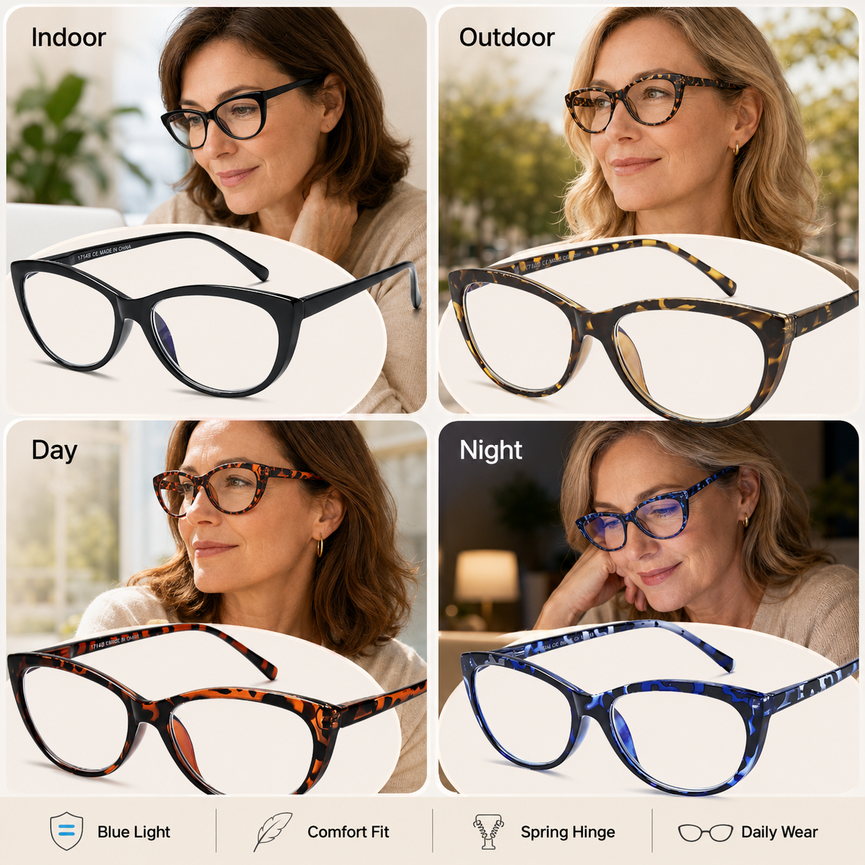 EYEURL 4 Pack Cat Eye Reading Glasses for Women – Stylish Blue Light Blocking Readers, Anti Eyestrain UV Protection Eyewear for Office and Home