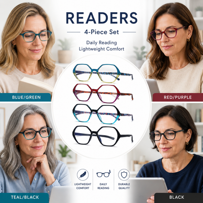 EYEURL Blue Light Blocking Diamond Shaped Reading Glasses – 4 Pack Vintage Computer Readers for Women and Men, Anti-Glare Lightweight Eyewear