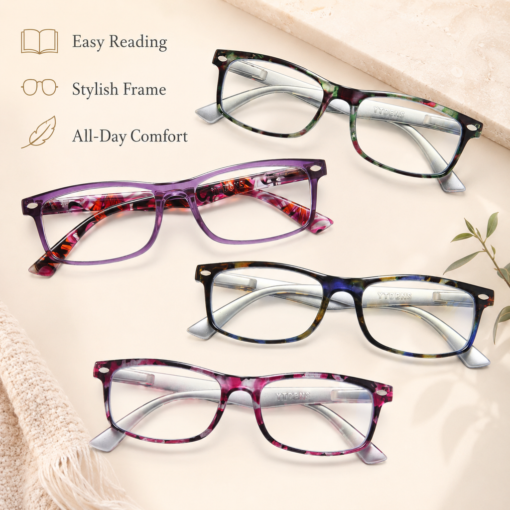 Reading Glasses for Women, 4 pack Fashion Readers for Women Men Spring Hinge Eye Glasses, Blue Light Reading Glasses
