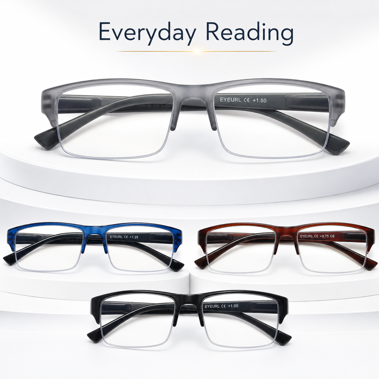 EYEURL 4-Pack Half Frame Blue Light Reading Glasses for Men Rectangle Semi Rimless Readers for Women Spring Hinge Eyeglasses