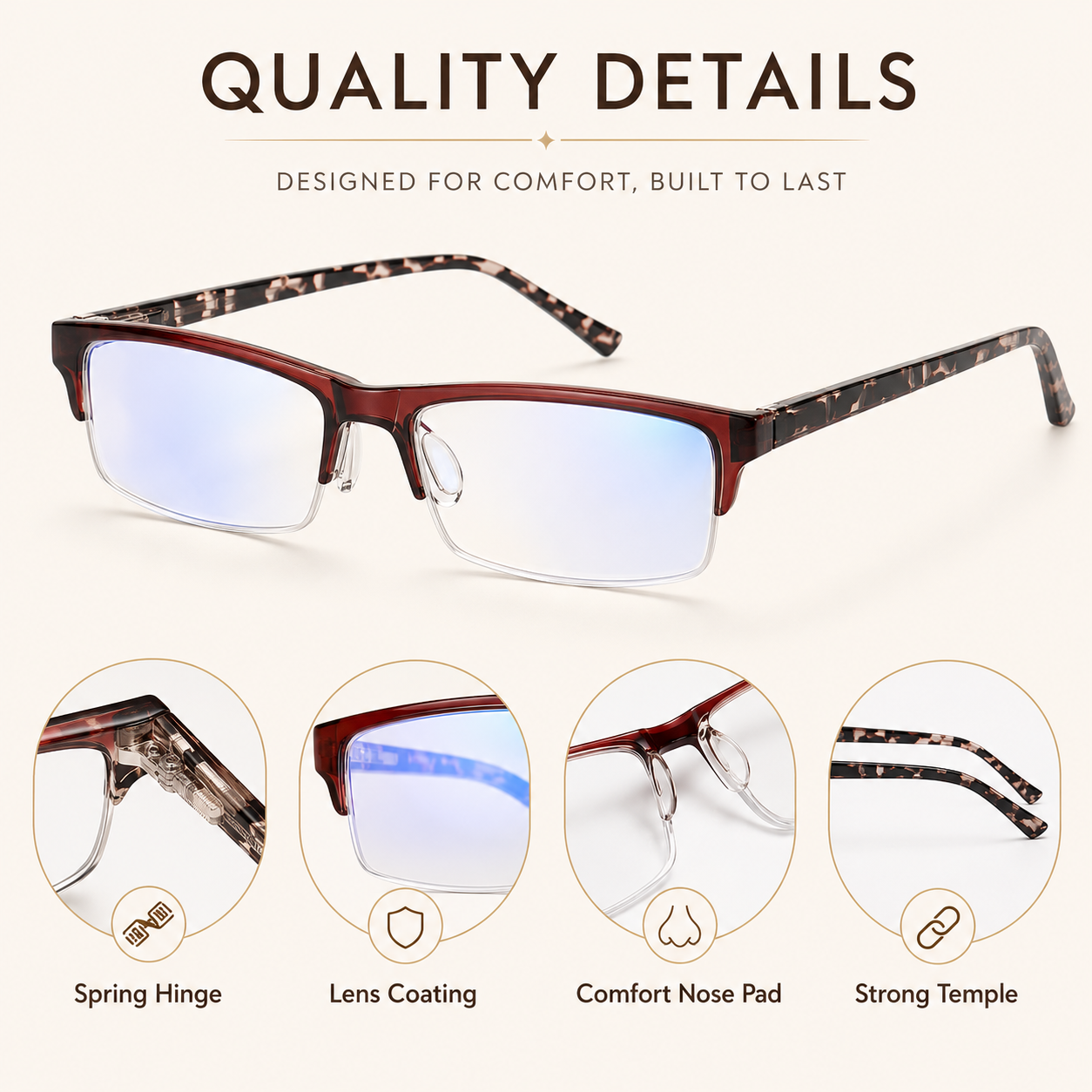 EYEURL 4-Pack Half Frame Reading Glasses for Women Blue Light Blocking Computer Readers for Men Lightweight Rectangle Semi Rimless Computer Glare/UV Half Frame Spring Hinge Eyeglasses,1.5