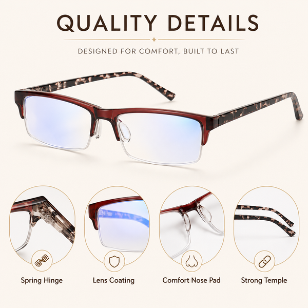 EYEURL 4-Pack Half Frame Reading Glasses for Women Blue Light Blocking Computer Readers for Men Lightweight Rectangle Semi Rimless Computer Glare/UV Half Frame Spring Hinge Eyeglasses,1.5