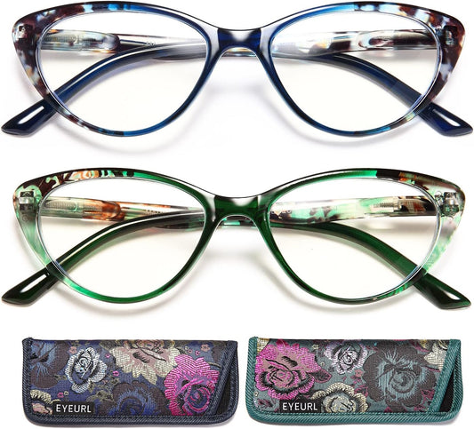 2 Pack Blue Light Blocking Cat Eye Readers for Women – Anti Glare UV Filter Computer Reading Glasses, Spring Hinge Comfort Fit