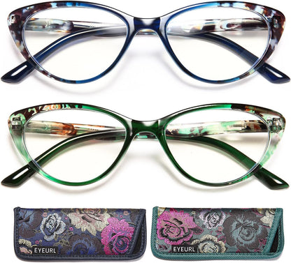 2 Pack Blue Light Blocking Cat Eye Readers for Women – Anti Glare UV Filter Computer Reading Glasses, Spring Hinge Comfort Fit
