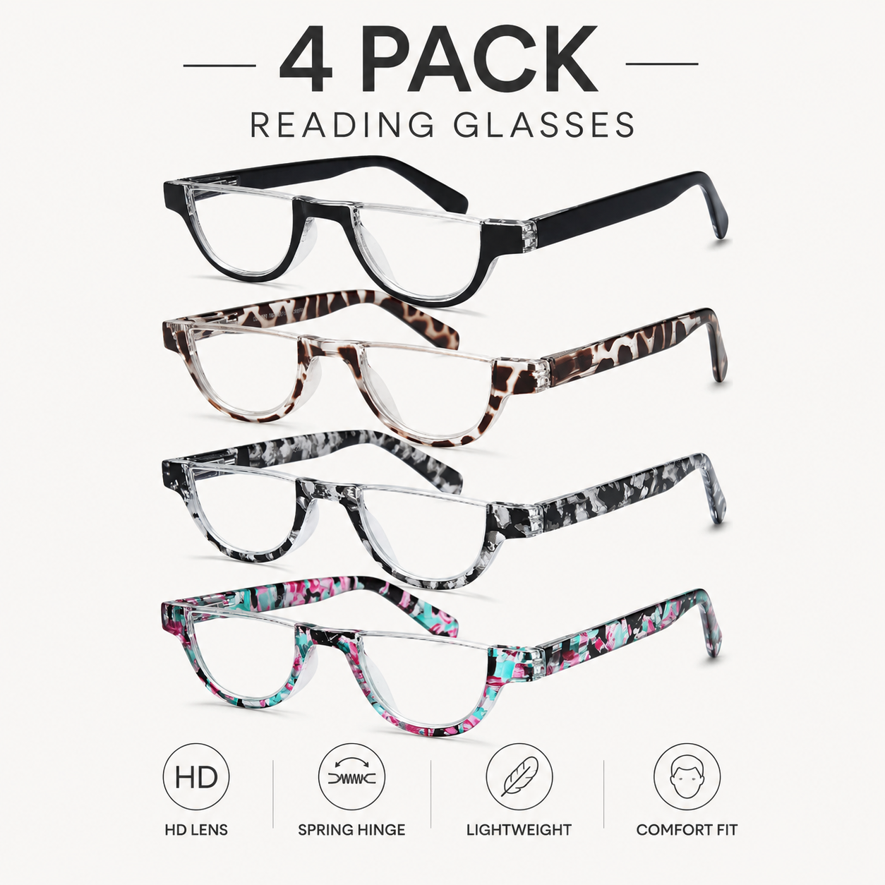 EYEURL Half Frame Reading Glasses for Women – 4 Pack Blue Light Blocking Computer Readers with Spring Hinges, Stylish Anti-UV Eyeglasses for Office and Daily Use Main image