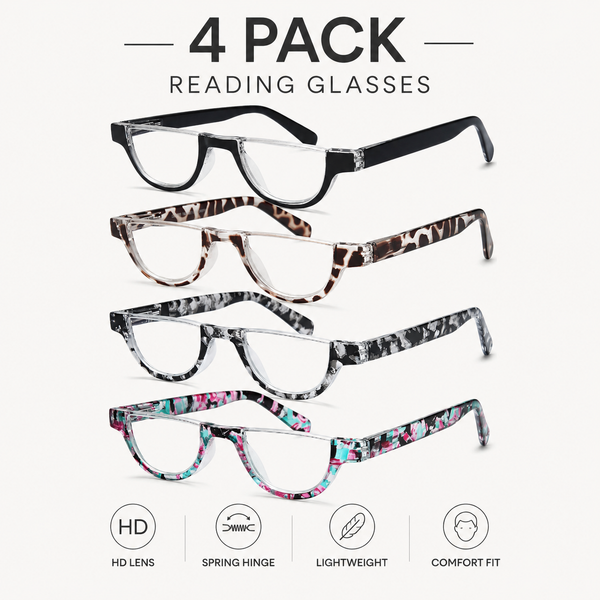 EYEURL Half Frame Reading Glasses for Women – 4 Pack Blue Light Blocking Computer Readers with Spring Hinges, Stylish Anti-UV Eyeglasses for Office and Daily Use