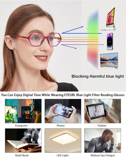 EYEURL Diamond Shaped Reading Glasses for Women – 4 Pack Blue Light Blocking Vintage Computer Readers with Spring Hinges, Anti-Glare Lightweight Eyewear