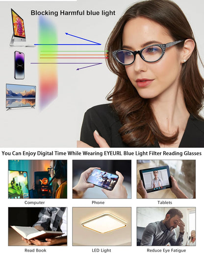 EYEURL 3-Pack Cat Eye Reading Glasses for Women – Blue Light Blocking Computer Readers with Rhinestones, Spring Hinges & UV Protection