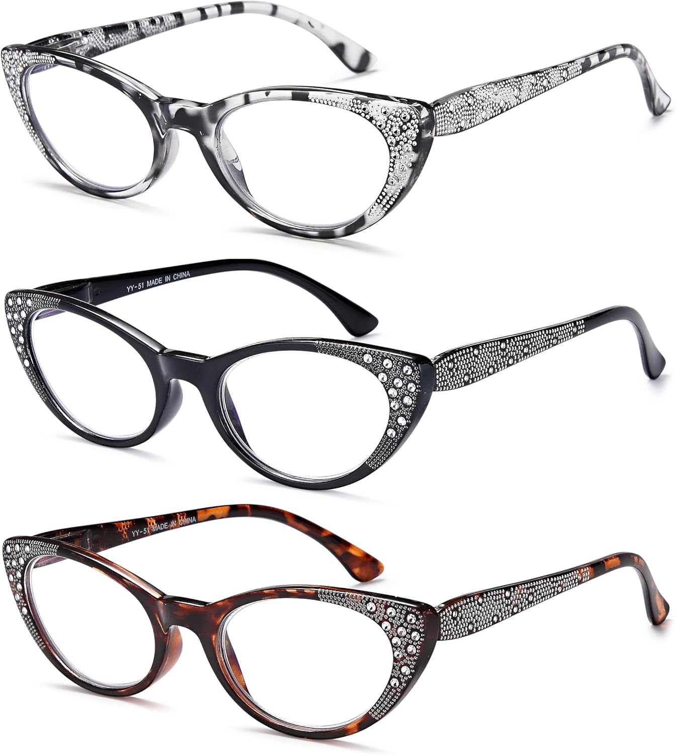 EYEURL 3-Pack Cat Eye Reading Glasses for Women – Blue Light Blocking Computer Readers with Rhinestones, Spring Hinges & UV Protection
