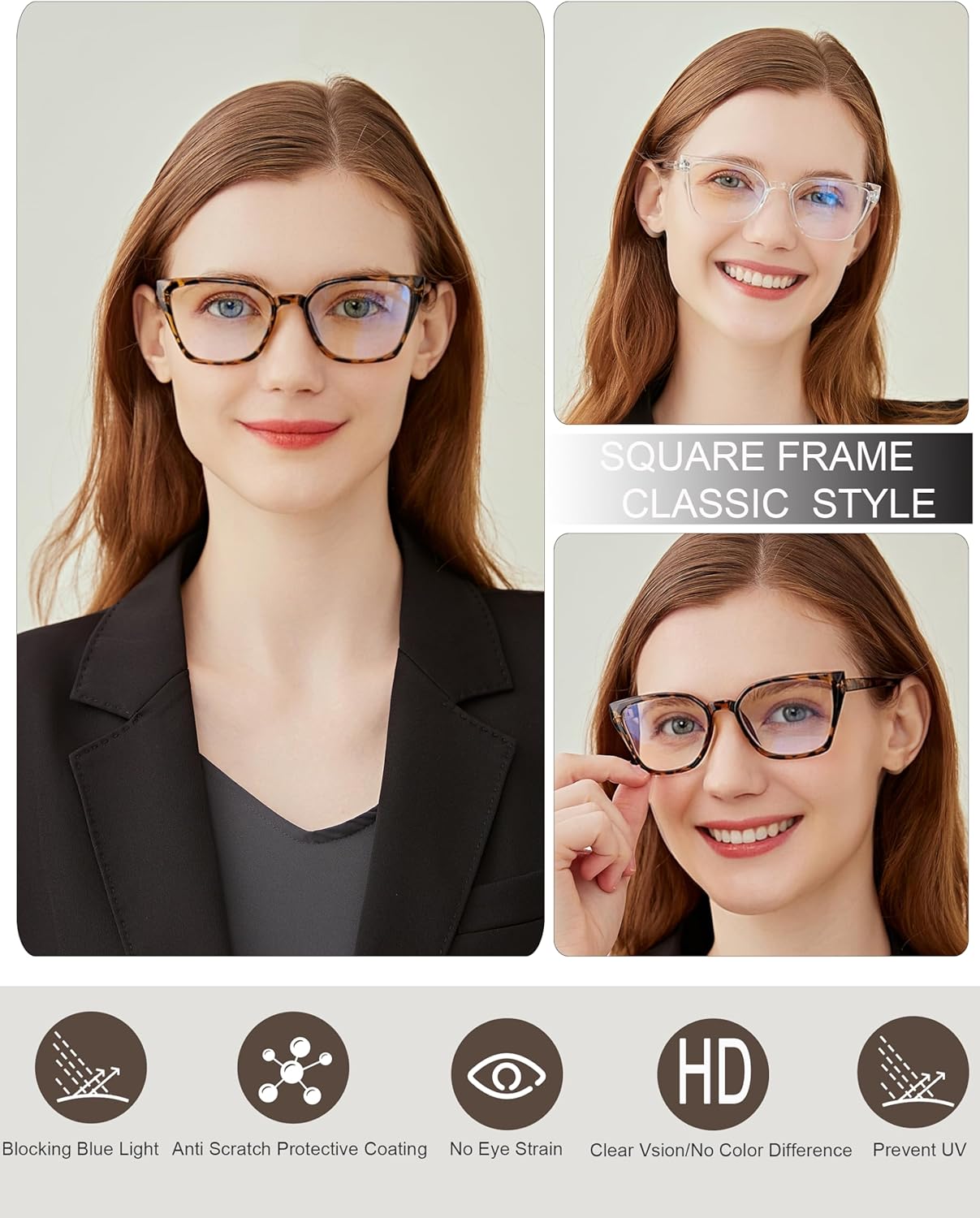 EYEURL 5-Pack Cat Eye Reading Glasses for Women – Fashionable Blue Light Blocking Reading Glasses with Square Frames, Spring Hinges & Magnification