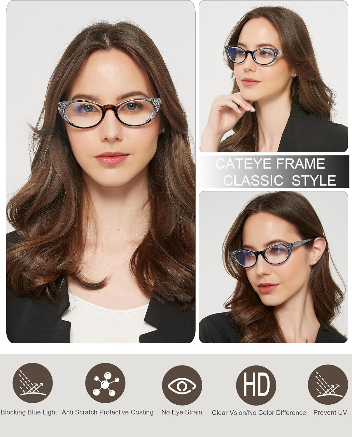 EYEURL 3-Pack Cat Eye Reading Glasses for Women – Blue Light Blocking Computer Readers with Rhinestones, Spring Hinges & UV Protection